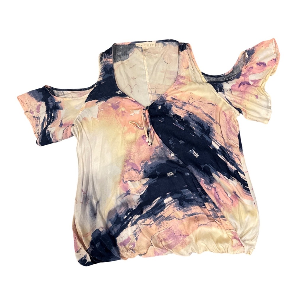 Lovestitch Women's L Cold Shoulder Watercolor Abstract Bohemian Blouse Navy Pink